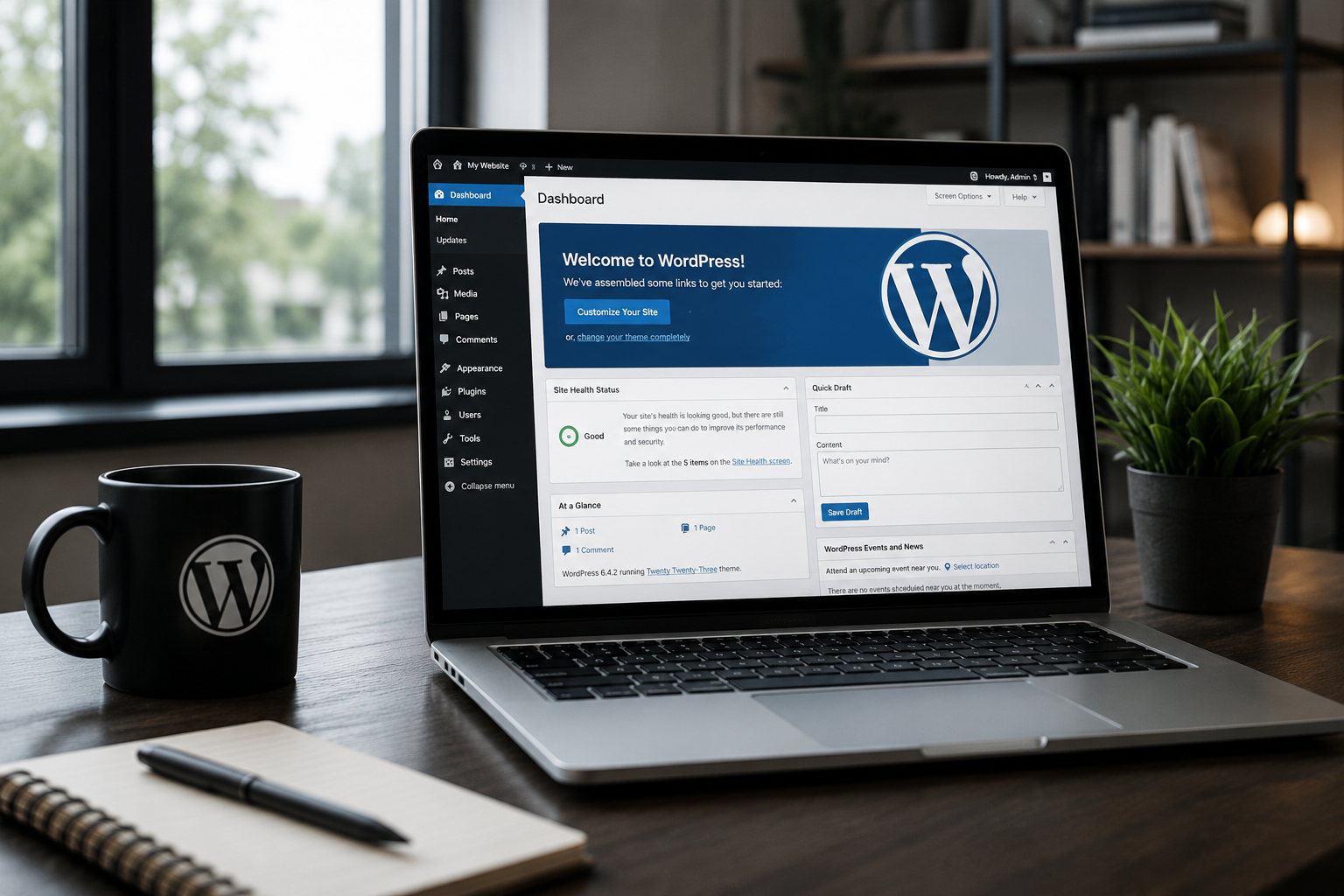 WordPress dashboard on laptop