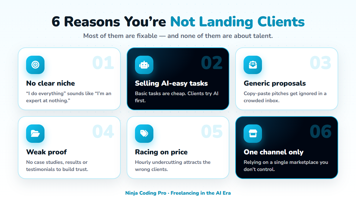 Infographic: 6 reasons freelancers are not landing clients in the AI era